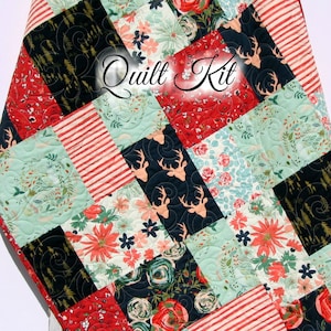 Quilt Kit, Woodland Fusion Art Gallery Fabrics Baby Quilt Kit, Throw Quilt Kit, Twin Quilt Kit Deer Buck Forest Navy Blue Red Floral Flowers