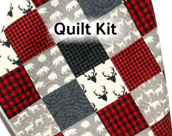 Quilt Kit Buffalo Plaid Rustic Woodland Bedding Crib Blanket Quilting Project Baby Quilt Kit Toddler Kit Patchwork Kit Deer Bear Red Black