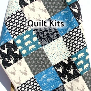 Quilt Kit, Boy Woodland Rustic Navy Blue Grey Gray, Buck Forest Bears Throw Birch Organic Fabrics Twin Bedding Quilting Sewing Boy Toddler