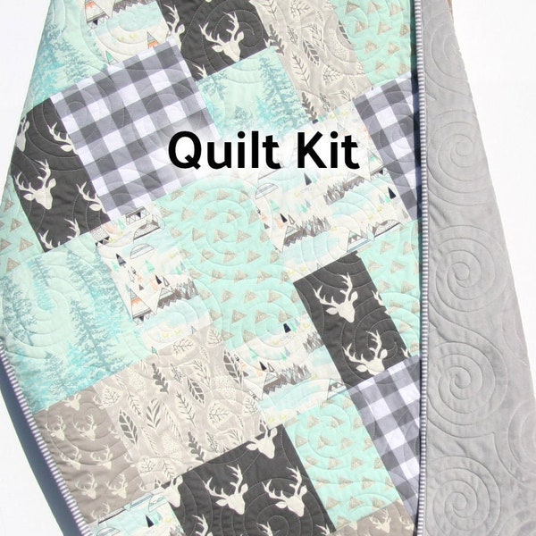 Quilt Kit for Sale, Plaid Baby Blanket Sewing Project to Make, Modern Crib Bedding Shannon Minky Cuddle, Beginner Pattern, Boy Deer Nursery