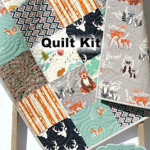 Boy Quilt Kit, Woodland Quilt Kit Toddler Quilt Kit Baby Boy Quilt Kit Buck Forest Night Fox Bedding Gray Orange Navy Quilt Arrows Aztec