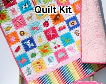 I Spy Quilt Kit for Girls, Panel Beginner Project, Sewing Ideas, Simple Quick and Easy Quilting, Animals Sports, Kids Blanket Kit Soft Minky