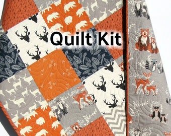 Boy Quilt Kit, Woodland Quilt Kit Toddler Quilt Kit Baby Boy Quilt Kit Buck Forest Bedding Gray Orange Navy Quilt Arrows Aztec Beginner