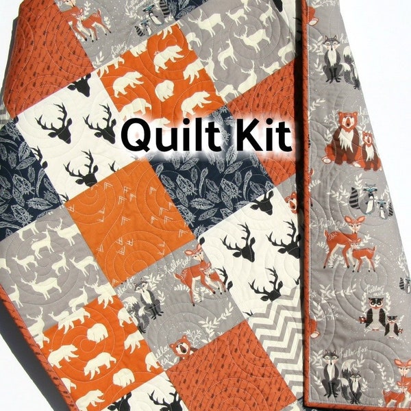 Boy Quilt Kit, Woodland Quilt Kit Toddler Quilt Kit Baby Boy Quilt Kit Buck Forest Bedding Gray Orange Navy Quilt Arrows Aztec Beginner