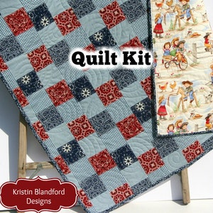 Western Baby Girl Quilt Kit, Lil Cowgirl, Bandana Patchwork Panel Navy Blue Grey Red Country Scenes Horses Wholecloth Panel Cheater Beginner