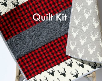 Striped Baby Quilt Kit – Rustic Woodland Deer Quilt Kit – Buffalo Plaid Quilt Kit – Gray Nursery Quilt – Baby Toddler – Cotton Backing
