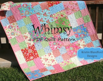 Layer Cake Quilt Pattern, Whimsy, Moda Baby Quilt and Throw Simple Fast Easy Beginner Quilt Pattern, Ten Inch Squares Precuts, PDF File