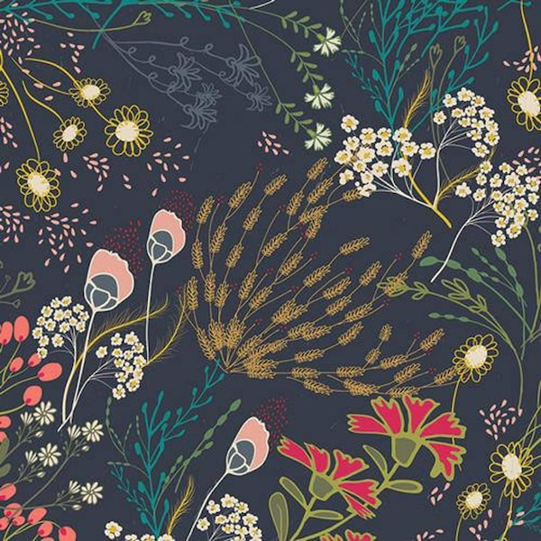 Art Gallery Fabric Indie Folk Meadow in Dim Boho Floral Brown Gold Navy Blue Flowers IFL-46302 Fall Autumn Seasonal Floral Quilting Sewing