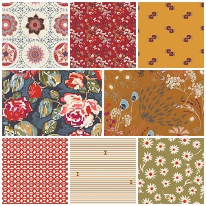 May include: A set of nine fabric swatches featuring various patterns, including floral, geometric, and abstract designs. The swatches are in a variety of colors, including red, blue, green, yellow, and white.