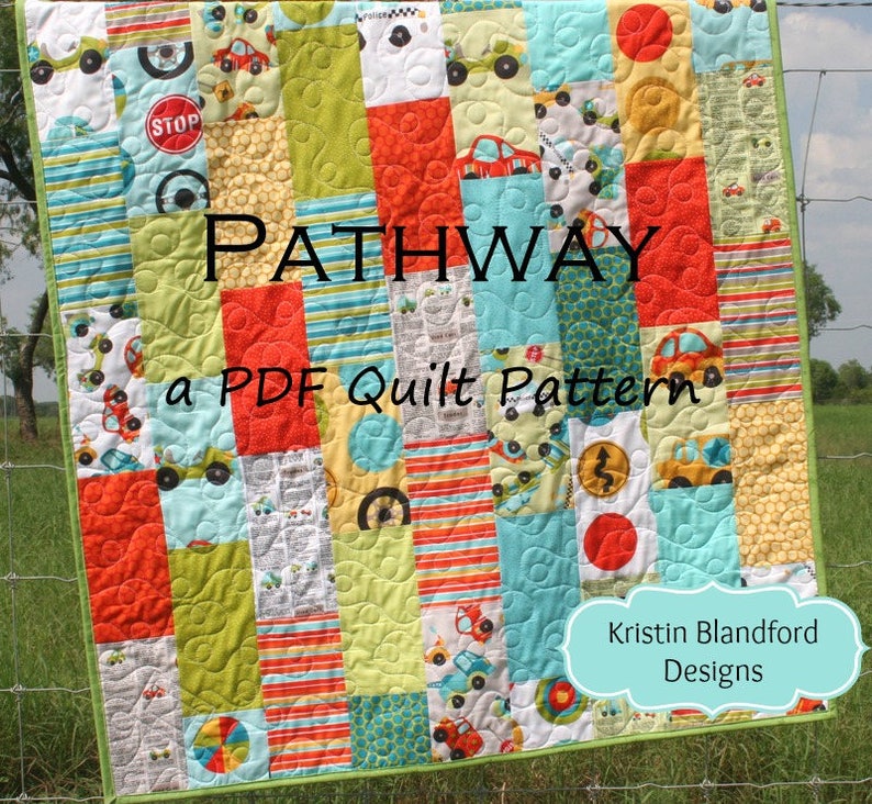 Precut quilt pattern PDF by Kristin Blandford Designs featuring a modern patchwork quilt layout designed for baby quilts and throw quilts using 10 inch precut fabric squares and layer cakes