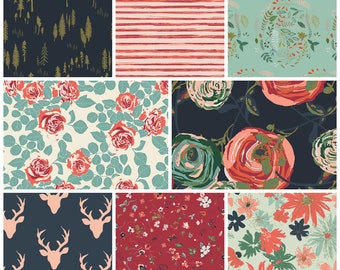 Woodland Fusion Fat Quarter Half Yard and Yards Art Gallery Fabrics Winter Christmas Fabrics, Deer Buck Forest Navy Blue Red Floral Flowers