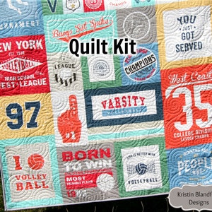 May include: A quilt kit featuring a variety of colorful fabric squares with different designs and text, including "New York", "Bump Set Spike", "Champions", "Varsity", "West Coast", "Born to Win", and "Volleyball".