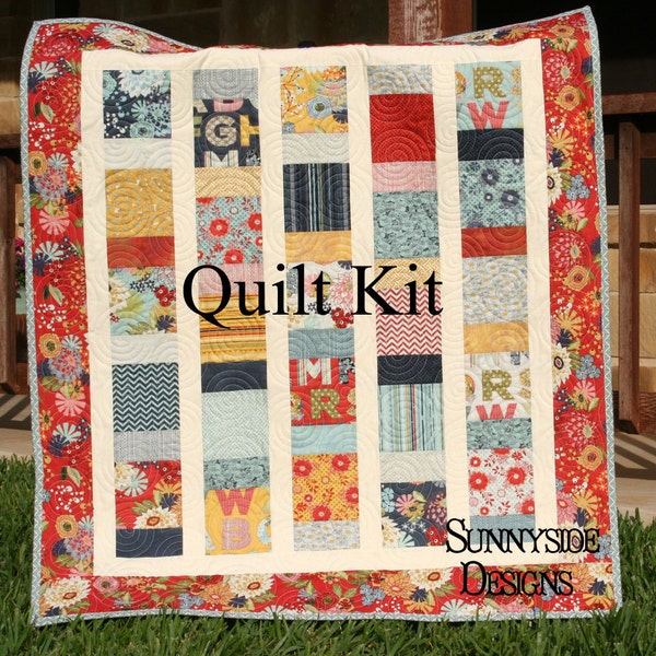 Unisex Quilt Kit, PBJ Moda Fabrics Basic Grey, Red Blue Yellow Navy, Boy or Girl Blanket, DIY Do It Yourself Project Craft Supplies Quilting