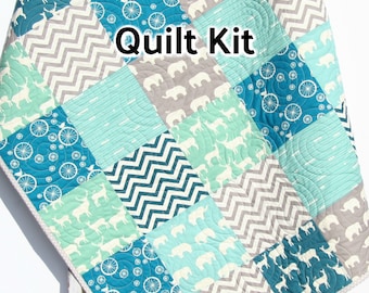 Organic Quilt Kit, Animal Boy Blanket, Baby Sewing Project Crib Bedding Quilting Sewing Toddler Blues Grey Deer Elephants Chevron Gift