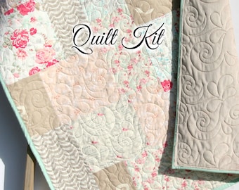 Quilt Kit, Farmhouse Chic Art Gallery Fabrics Baby Quilt Kit Throw Quilt Kit Twin Quilt Kit Floral Flowers Tan Beige Coral Pink Vintage Chic