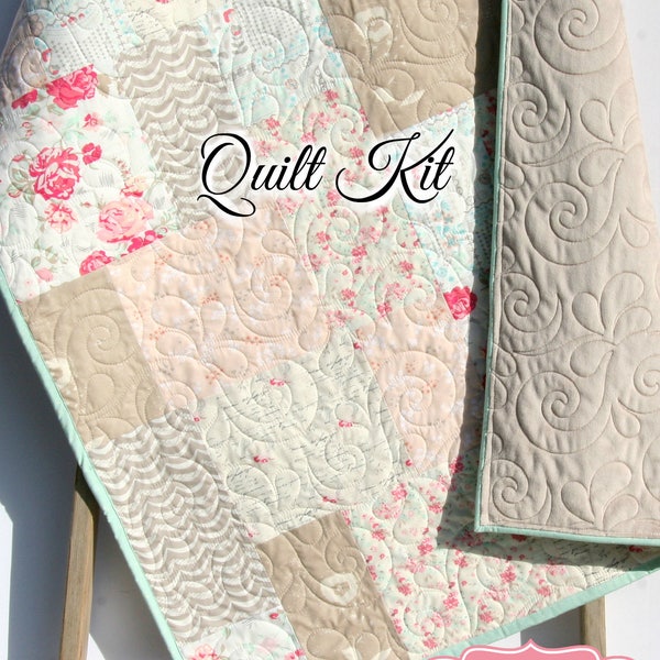 Quilt Kit, Farmhouse Chic Art Gallery Fabrics Baby Quilt Kit Throw Quilt Kit Twin Quilt Kit Floral Flowers Tan Beige Coral Pink Vintage Chic