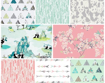 Panda Fabric Bundle Fat Quarter Half Yard and Yards Art Gallery Fabrics Pandalicious by Katarina Roccella Mint Pink White Cherry Blossom