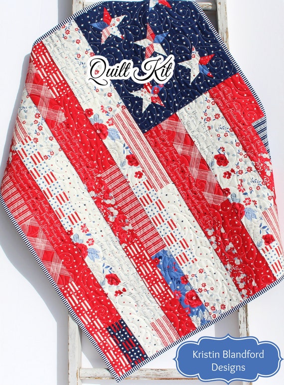 Patriotic Panel Quilt Kit – American Flag DIY Quilt Kit to Sew – Land of the Brave Fabric – Red White Blue Crib Quilt Kit with Backing