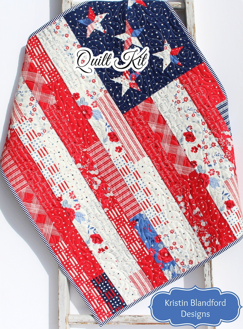 May include: A red, white, and blue quilt kit featuring a patriotic design with stars and stripes. The kit includes fabric for the quilt top, backing, and binding. The quilt is designed to be a patriotic statement piece for any home.