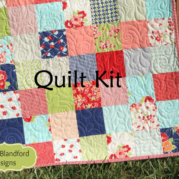 LAST ONE Miss Kate Quilt Kit, Bonnie Camille, Moda Fabrics, Red Blue Aqua Cream, Retro Flowers, Baby Size, Crib Blanket, DIY Do It Yourself