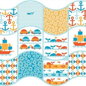 May include: A colorful patchwork design featuring various nautical themes, including anchors, whales, sailboats, and turtles. The design is made up of repeating patterns in shades of blue, orange, and yellow.