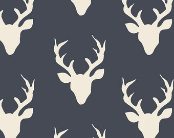 Buck Forest Twilight Hello Bear Bonnie Christine Art Gallery Fabric Navy Blue Ivory Deer Stag Head Antler Boy Fabrics Hunting Yard Half Yard