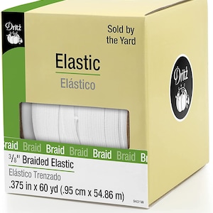 May include: A white box of 3/8 inch braided elastic, sold by the yard. The box is labeled "Dritz Elastic Elástico" and has a measurement of 0.375 inches by 60 yards (0.95 cm by 54.86 m).
