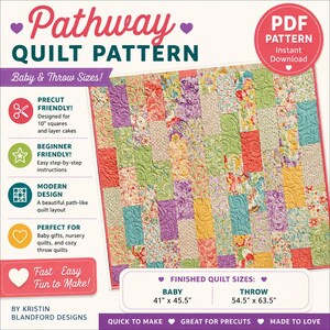 Modern patchwork quilt pattern designed for beginner quilters using precut fabrics, layer cakes, and 10 inch fabric squares for quick sewing projects
