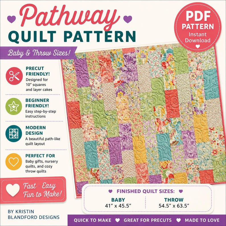 Modern patchwork quilt pattern designed for beginner quilters using precut fabrics, layer cakes, and 10 inch fabric squares for quick sewing projects