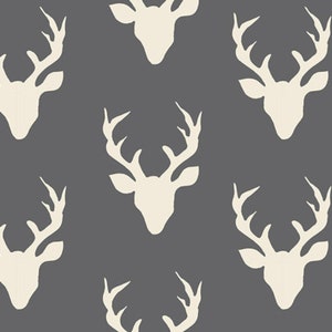 May include: A seamless pattern featuring white silhouettes of deer heads with antlers on a dark gray background.