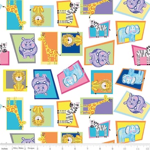 May include: A white background with colourful squares featuring various animals including a giraffe, zebra, hippopotamus, lion, and elephant. The animals are drawn in a cartoon style with crayon-like lines.