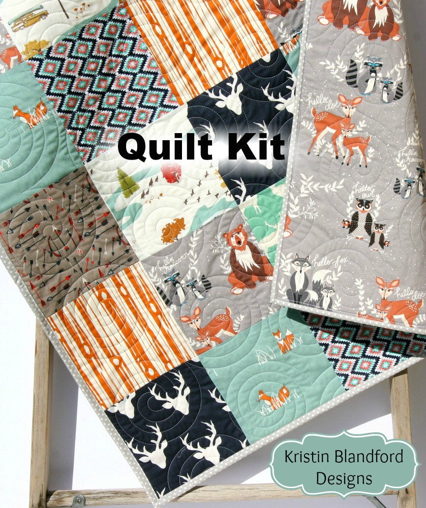 Boy Quilt Kit, Woodland Quilt Kit Toddler Quilt Kit Baby Boy Quilt Kit Buck  Forest Night Fox Bedding Gray Orange Navy Quilt Arrows Aztec 