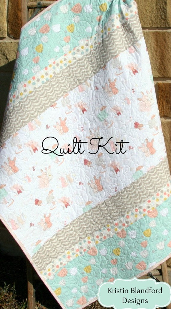 Girl Quilt Kit, DIY Project Baby Quilt Kit Bunnies Littlest Art Gallery  Mint Green Coral Pink Gray Simple Easy Beginner Striped Pattern 