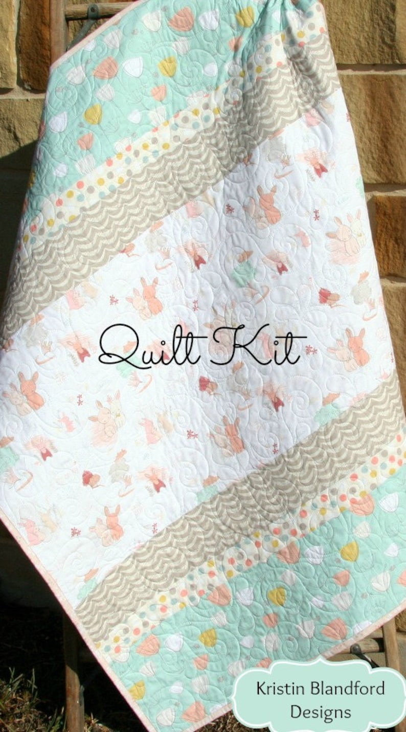 Girl Quilt Kit, DIY Project Baby Quilt Kit Bunnies Littlest Art Gallery Mint Green Coral Pink Gray Simple Easy Beginner Striped Pattern image 1