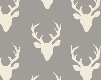 Buck Forest Mist Hello Bear Bonnie Christine Art Gallery Fabrics Grey Gray Ivory Deer Stag Head Antlers Boy Fabrics Hunting Yard Half Yard