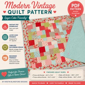 Easy layer cake quilt pattern featuring vintage-inspired floral fabrics and colorful patchwork blocks perfect for handmade gifts and home décor