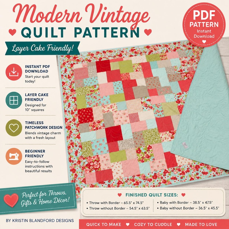 Easy layer cake quilt pattern featuring vintage-inspired floral fabrics and colorful patchwork blocks perfect for handmade gifts and home décor