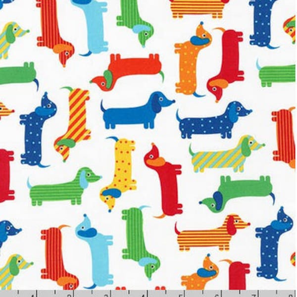 Dachshund Fabrics, Weenie Dog Robert Kaufman Primary Colors Red Green Navy Blue Puppy Dog Cotton Fabrics Quilting Sewing