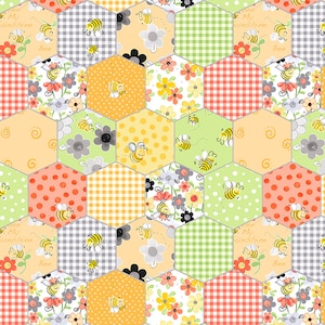 May include: A colourful patchwork fabric design featuring a repeating pattern of hexagons with bees, flowers, and polka dots. The fabric is in shades of yellow, orange, green, and grey.