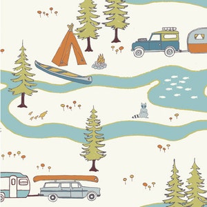 May include: A whimsical illustration of a camping scene with a blue car towing a camper, a canoe, a tent, a campfire, and a raccoon. The scene is set in a forest with green trees and a blue winding river.