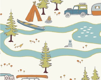 Camp Sur Big Sur Birch Organic Fabric JayCyn Camping Scene Nature Canoe Hiking Boy One Yard More Available OOP HTF Out of Print Hard to Find