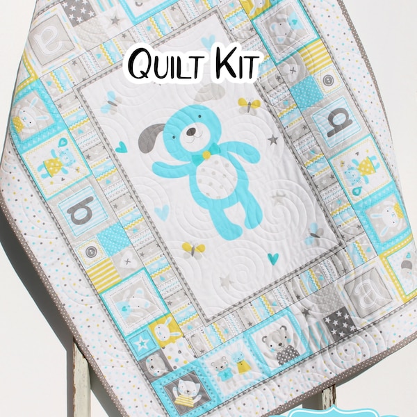 Puppy Quilt Kit Panel Blanket Baby Sewing Project Nursery Bedding Beginner Simple Fabric Bundle Set Tiny Tots Newborn Infant Light Blue Grey