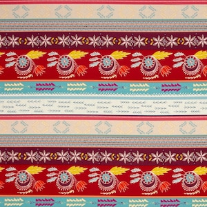 May include: A red, white, and blue patterned fabric with a repeating design of stylized flowers, leaves, and arrows. The fabric has a vintage, southwestern feel.
