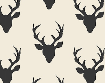 Buck Forest Night Hello Bear Bonnie Christine Art Gallery Fabrics Black Ivory Deer Stag Head Antlers Boy Fabrics Hunting Yard or Half Yard