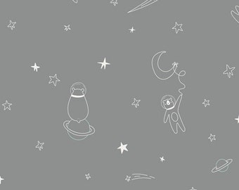 Art Gallery Fabrics Stargazer Bearfinity & Beyond Space Boy Navy Blue Quilting Cotton CAP-ST-1104 AGF Studios Moons Planets Baby Grey Gray