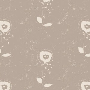 May include: A seamless pattern featuring white stylized flowers on a light brown background. The flowers have a simple, abstract design and are scattered randomly across the surface.