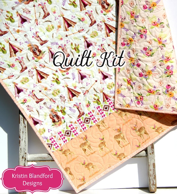 Girl Quilt Kit, DIY Project Baby Quilt Kit Bunnies Littlest Art Gallery  Mint Green Coral Pink Gray Simple Easy Beginner Striped Pattern 