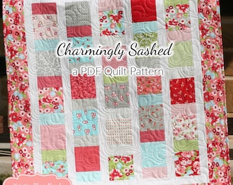 Charm Pack Quilt Pattern PDF – Charmingly Sashed – Baby & Throw Quilt Pattern – Easy Beginner Modern Quilt Using 5 Inch Squares