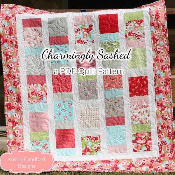 Charm Pack Quilt Pattern PDF – Charmingly Sashed – Baby & Throw Quilt Pattern – Easy Beginner Modern Quilt Using 5 Inch Squares