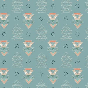 May include: A seamless pattern featuring a repeating geometric design of triangles in shades of blue, green, pink, and peach on a light blue background. The pattern is accented with small black starbursts.
